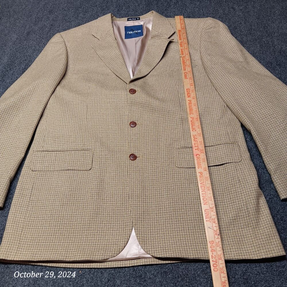 Nautica Blazer Men 44 Long Brown Mini Plaid 3 Button Silk‎ and Worsted Wool - Picture 2 of 8
